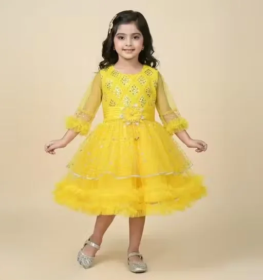 Premium Quality Girls Party Wear Yellow Net Fabric Full Flare Frock Dress for Kids with Embellished Designer Pattern Birthday Wedding Festive Wear Gown Yellow 2-3 Yr image 1
