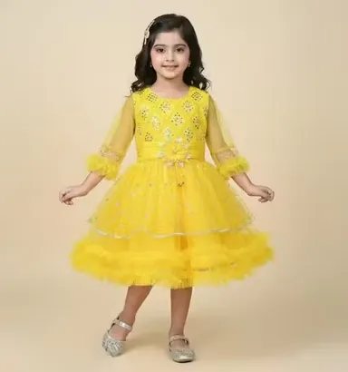 Premium Quality Girls Party Wear Yellow Net Fabric Full Flare Frock Dress for Kids with Embellished Designer Pattern Birthday Wedding Festive Wear Gown Yellow 2-3 Yr thumbnail 0