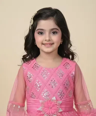 Premium Quality Girls Party Wear Yellow Net Fabric Full Flare Frock Dress for Kids with Embellished Designer Pattern Birthday Wedding Festive Wear Gown Pink 1-2 Yr thumbnail 1
