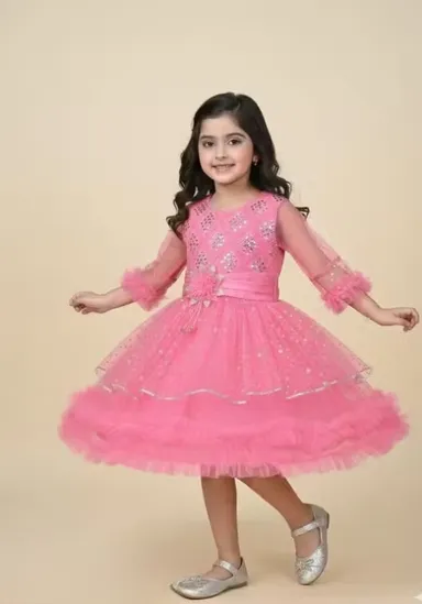 Premium Quality Girls Party Wear Yellow Net Fabric Full Flare Frock Dress for Kids with Embellished Designer Pattern Birthday Wedding Festive Wear Gown Pink 1-2 Yr thumbnail 2
