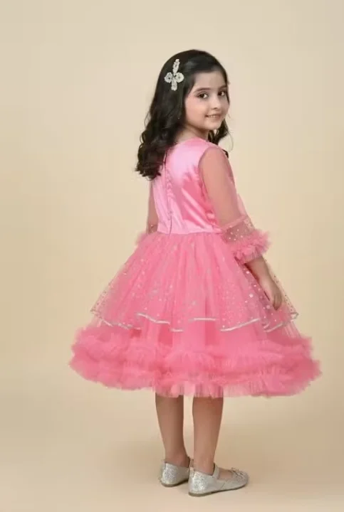 Premium Quality Girls Party Wear Yellow Net Fabric Full Flare Frock Dress for Kids with Embellished Designer Pattern Birthday Wedding Festive Wear Gown Pink 1-2 Yr image 4