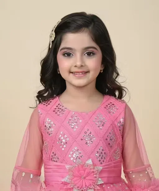 Premium Quality Girls Party Wear Yellow Net Fabric Full Flare Frock Dress for Kids with Embellished Designer Pattern Birthday Wedding Festive Wear Gown Pink 2-3 Yr image 2