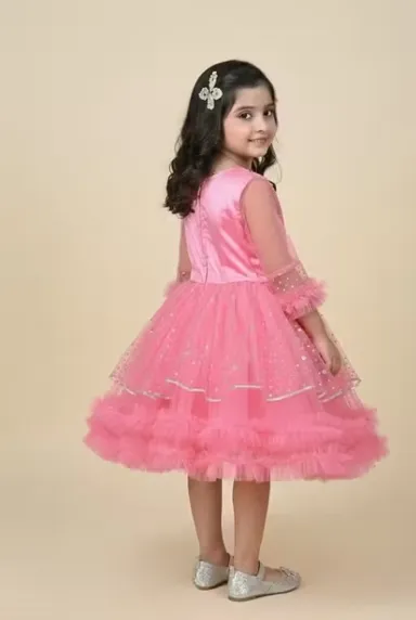 Premium Quality Girls Party Wear Yellow Net Fabric Full Flare Frock Dress for Kids with Embellished Designer Pattern Birthday Wedding Festive Wear Gown Pink 2-3 Yr thumbnail 3