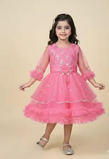 Premium Quality Girls Party Wear Yellow Net Fabric Full Flare Frock Dress for Kids with Embellished Designer Pattern Birthday Wedding Festive Wear Gown Pink 2-3 Yr thumbnail 0