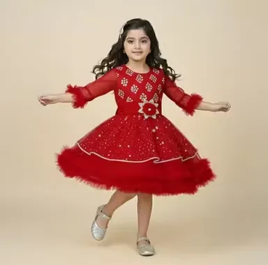 Premium Quality Girls Party Wear Yellow Net Fabric Full Flare Frock Dress for Kids with Embellished Designer Pattern Birthday Wedding Festive Wear Gown Red 1-2 Yr thumbnail 2