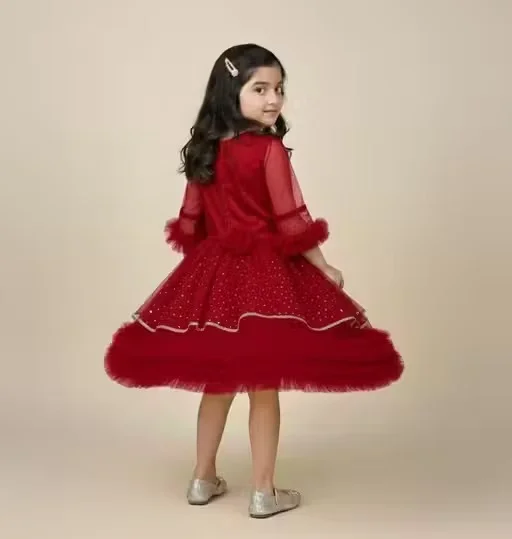 Premium Quality Girls Party Wear Yellow Net Fabric Full Flare Frock Dress for Kids with Embellished Designer Pattern Birthday Wedding Festive Wear Gown Red 1-2 Yr image 4