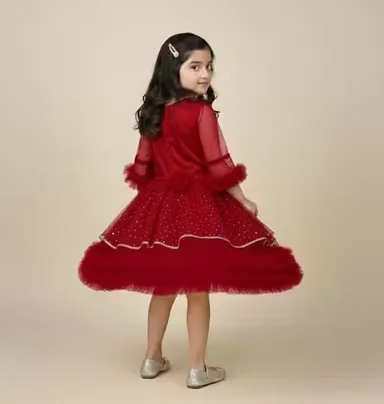 Premium Quality Girls Party Wear Yellow Net Fabric Full Flare Frock Dress for Kids with Embellished Designer Pattern Birthday Wedding Festive Wear Gown Red 1-2 Yr thumbnail 3