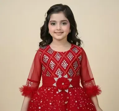 Premium Quality Girls Party Wear Yellow Net Fabric Full Flare Frock Dress for Kids with Embellished Designer Pattern Birthday Wedding Festive Wear Gown Red 2-3 Yr thumbnail 1