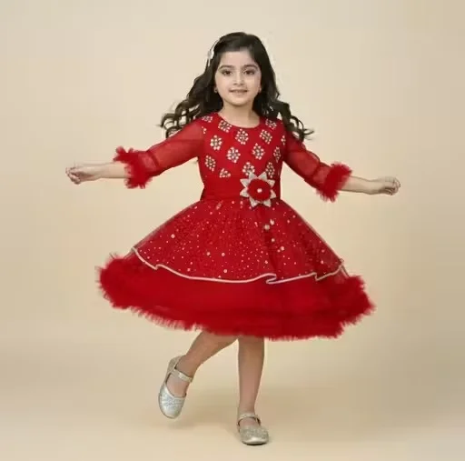 Premium Quality Girls Party Wear Yellow Net Fabric Full Flare Frock Dress for Kids with Embellished Designer Pattern Birthday Wedding Festive Wear Gown Red 2-3 Yr image 3