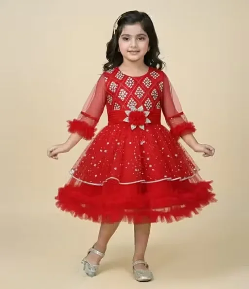 Premium Quality Girls Party Wear Yellow Net Fabric Full Flare Frock Dress for Kids with Embellished Designer Pattern Birthday Wedding Festive Wear Gown Red 2-3 Yr image 1