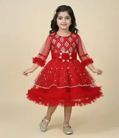 Premium Quality Girls Party Wear Yellow Net Fabric Full Flare Frock Dress for Kids with Embellished Designer Pattern Birthday Wedding Festive Wear Gown Red 2-3 Yr thumbnail 0