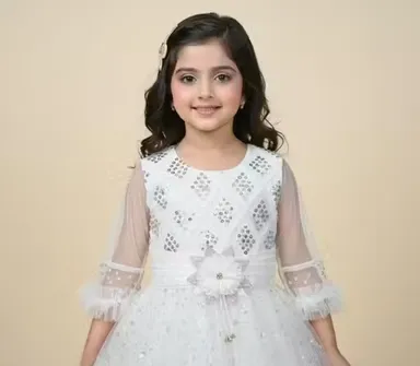 Premium Quality Girls Party Wear Yellow Net Fabric Full Flare Frock Dress for Kids with Embellished Designer Pattern Birthday Wedding Festive Wear Gown White 1-2 Yr thumbnail 1