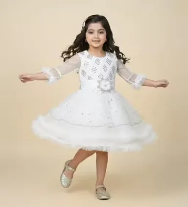 Premium Quality Girls Party Wear Yellow Net Fabric Full Flare Frock Dress for Kids with Embellished Designer Pattern Birthday Wedding Festive Wear Gown White 1-2 Yr thumbnail 2