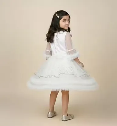 Premium Quality Girls Party Wear Yellow Net Fabric Full Flare Frock Dress for Kids with Embellished Designer Pattern Birthday Wedding Festive Wear Gown White 1-2 Yr thumbnail 3