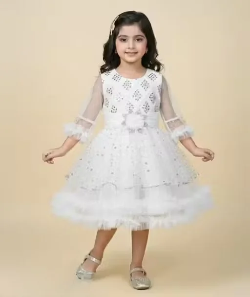 Premium Quality Girls Party Wear Yellow Net Fabric Full Flare Frock Dress for Kids with Embellished Designer Pattern Birthday Wedding Festive Wear Gown White 2-3 Yr image 1