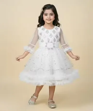 Premium Quality Girls Party Wear Yellow Net Fabric Full Flare Frock Dress for Kids with Embellished Designer Pattern Birthday Wedding Festive Wear Gown White 2-3 Yr thumbnail 0