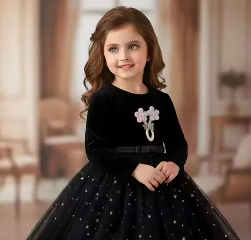 Stylish Toddlers Party Wear Frock for Baby Girls Knee Length Designer Birthday Dress with Flare Net Fabric Soft Inner Fancy Kids Wedding Festival Outfit Black 6-9 M image 2