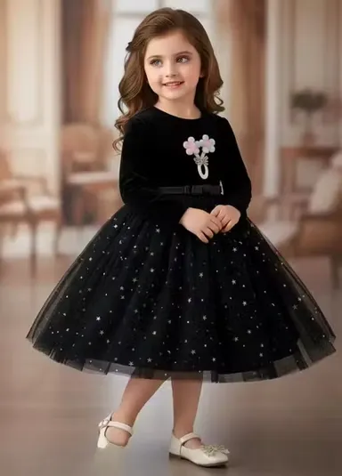 Stylish Toddlers Party Wear Frock for Baby Girls Knee Length Designer Birthday Dress with Flare Net Fabric Soft Inner Fancy Kids Wedding Festival Outfit Black 9-12 M thumbnail 3
