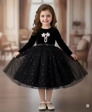 Stylish Toddlers Party Wear Frock for Baby Girls Knee Length Designer Birthday Dress with Flare Net Fabric Soft Inner Fancy Kids Wedding Festival Outfit Black 9-12 M thumbnail 0