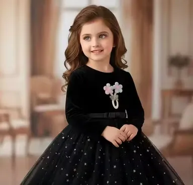 Stylish Toddlers Party Wear Frock for Baby Girls Knee Length Designer Birthday Dress with Flare Net Fabric Soft Inner Fancy Kids Wedding Festival Outfit Black 1-2 Yr thumbnail 1