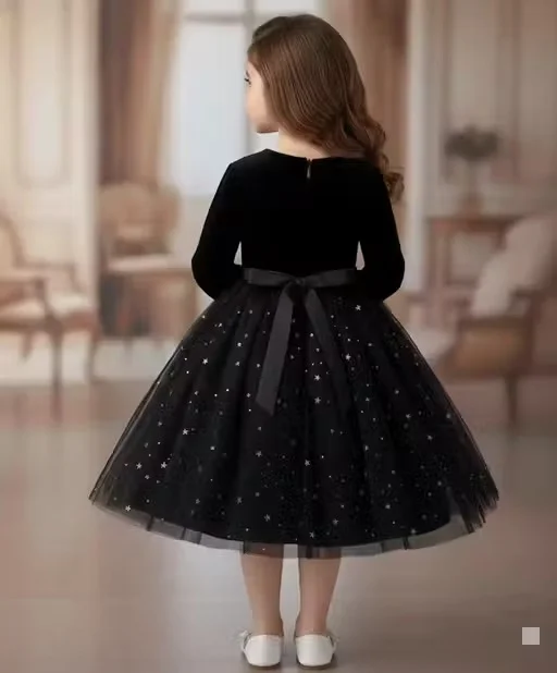 Stylish Toddlers Party Wear Frock for Baby Girls Knee Length Designer Birthday Dress with Flare Net Fabric Soft Inner Fancy Kids Wedding Festival Outfit Black 1-2 Yr image 3