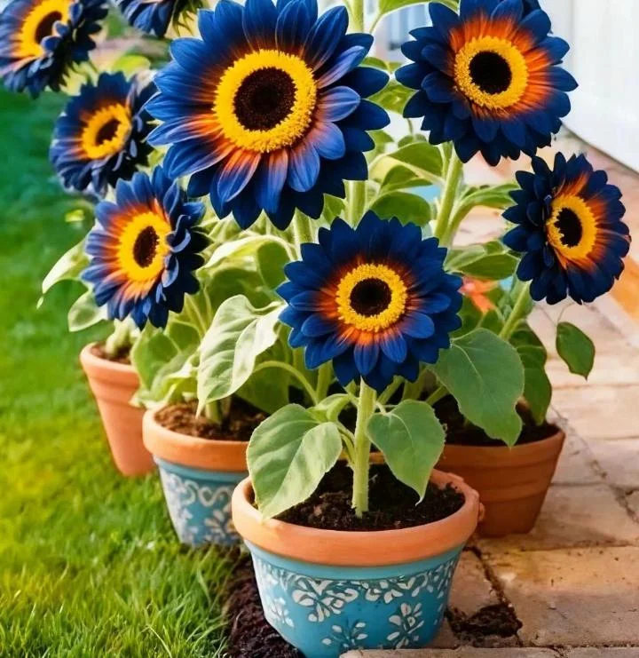 Rare Blue Sunflower Live Plant with Deep Blue & Orange Bloom in Decorative Terracotta Pot | Ornamental Flowering Sunflower Plant for Home Garden Balcony Patio Outdoor Landscaping and Gifting image 1