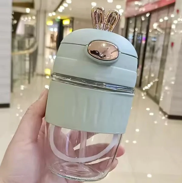 Adorable Rabbit Double Drinking Cup | Glass Mug with Straw & Lid (390ml, Leakproof Travel green 400 ML image 4