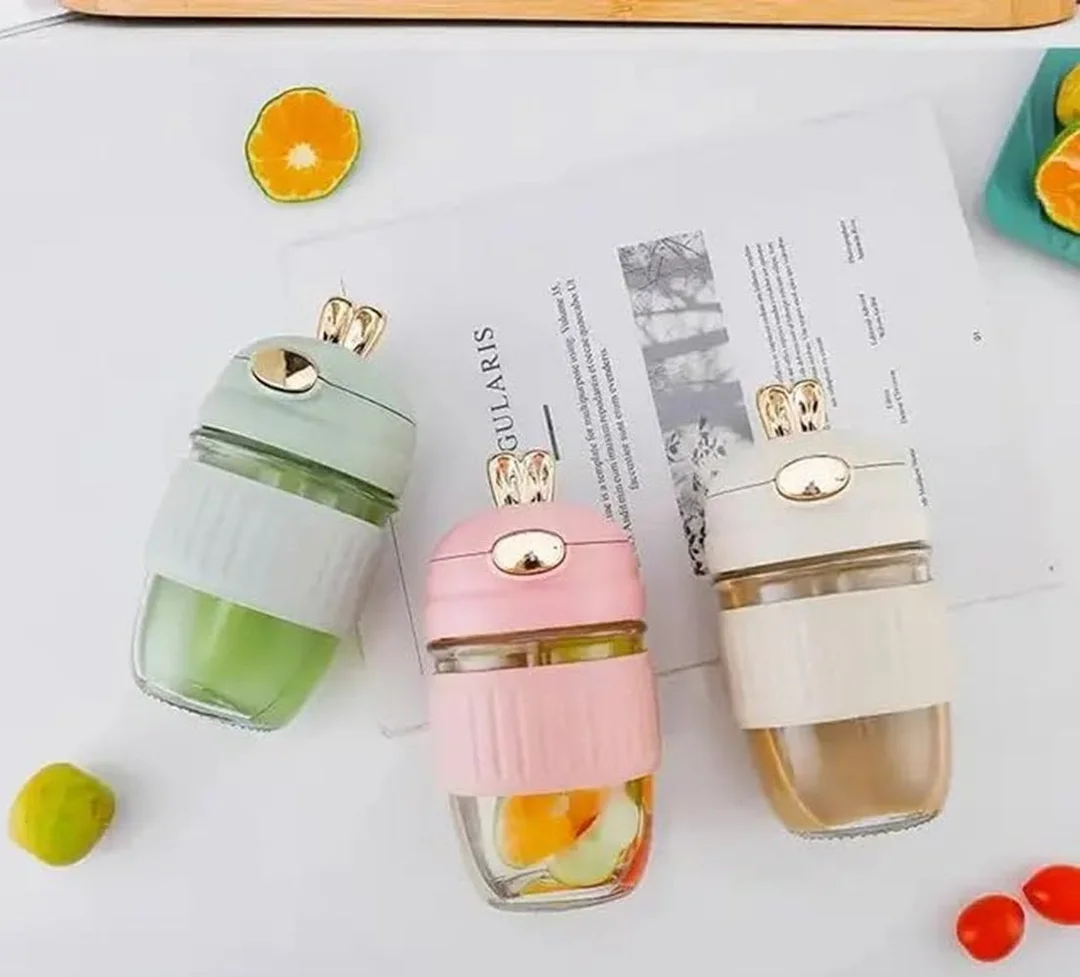 Adorable Rabbit Double Drinking Cup | Glass Mug with Straw & Lid (390ml, Leakproof Travel Pink 400 ML image 3