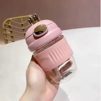 Adorable Rabbit Double Drinking Cup | Glass Mug with Straw & Lid (390ml, Leakproof Travel Pink 400 ML thumbnail 3
