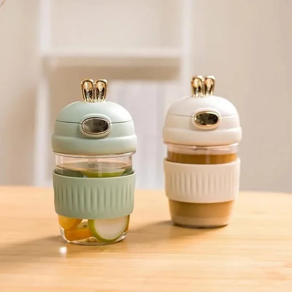 Adorable Rabbit Double Drinking Cup | Glass Mug with Straw & Lid (390ml, Leakproof Travel Cream 400 ML image 2