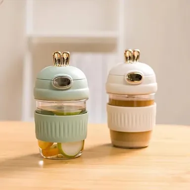 Adorable Rabbit Double Drinking Cup | Glass Mug with Straw & Lid (390ml, Leakproof Travel Cream 400 ML thumbnail 1
