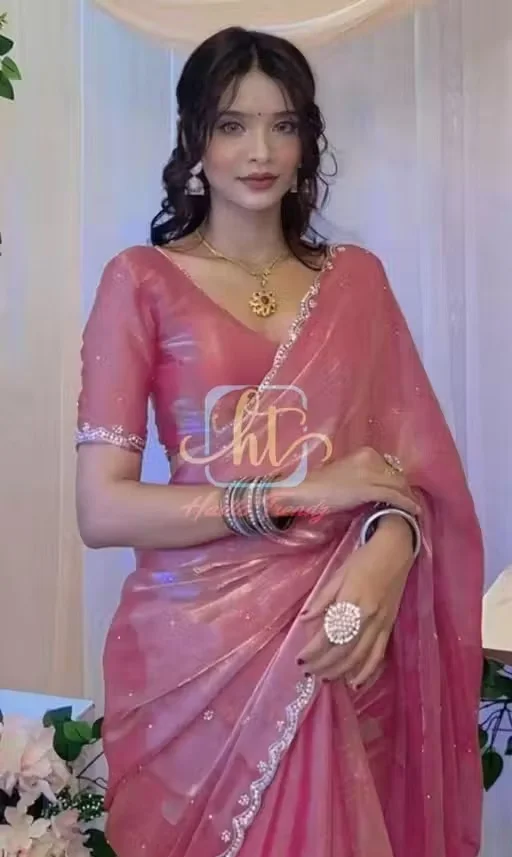 Jimmy Choo Organza Designer Saree with Stone Work Embellishment for Women | Premium Party Wear Fancy Saree with Running Blouse Pink Jimmy Choo Silk Saree Free Size image 2