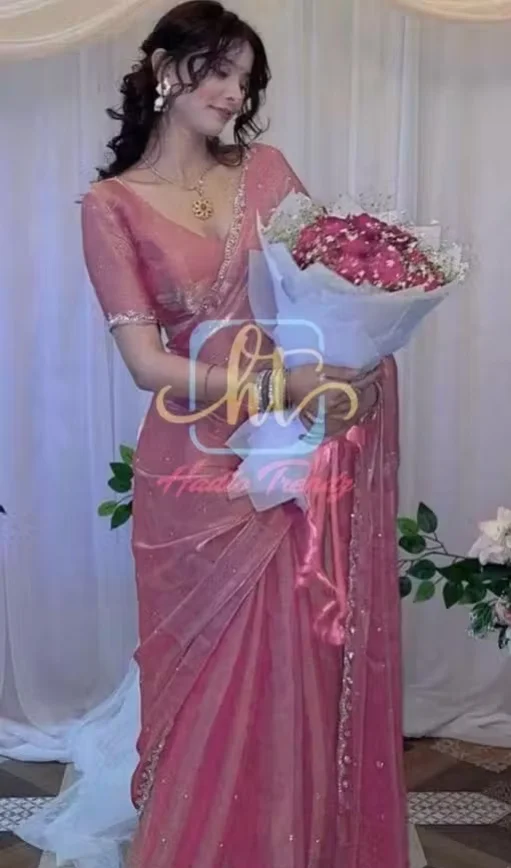 Jimmy Choo Organza Designer Saree with Stone Work Embellishment for Women | Premium Party Wear Fancy Saree with Running Blouse Pink Jimmy Choo Silk Saree Free Size image 3
