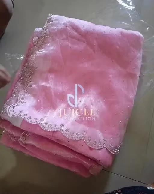 Jimmy Choo Organza Designer Saree with Stone Work Embellishment for Women | Premium Party Wear Fancy Saree with Running Blouse Pink Jimmy Choo Silk Saree Free Size image 4