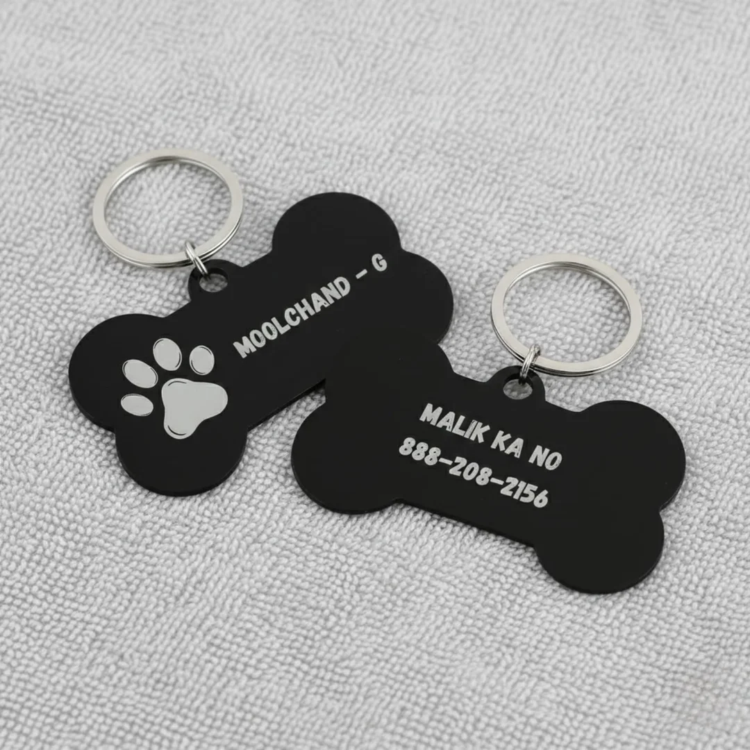 Personalized Pet ID Tag for Dogs & Cats | Custom Black Acrylic Bone Shape Name Tag with Engraving image 2