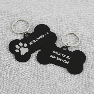 Personalized Pet ID Tag for Dogs & Cats | Custom Black Acrylic Bone Shape Name Tag with Engraving thumbnail 1