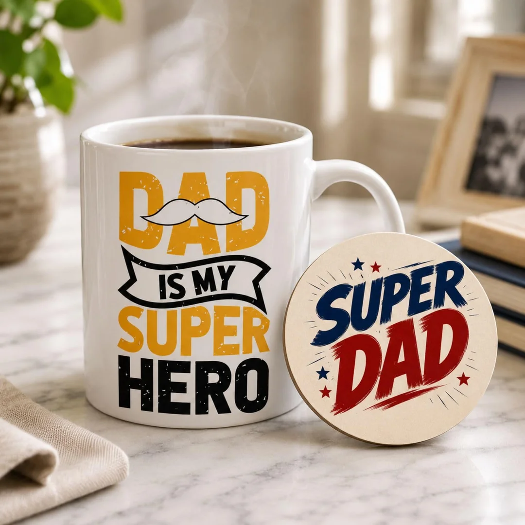 Gifts Super Hero Dad Ceramic Coffee Mug with MDF Coaster | 325ml Father’s Day, Birthday & Anniversary Gift for Dad, Papa | Printed Coffee Mug Gift Set image 2