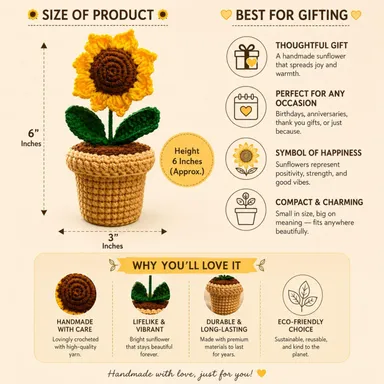 Handmade Crochet Sunflower with Pot (6 Inch) | Knitted Artificial Flower for Car Dashboard, Office Desk & Home Decor | Decorative Gift Plant for Birthday, Anniversary & Gifting thumbnail 1