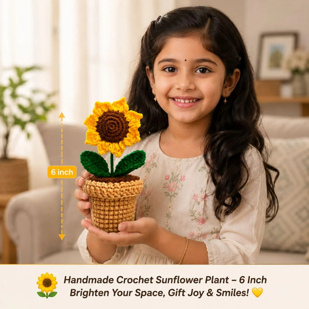 Handmade Crochet Sunflower with Pot (6 Inch) | Knitted Artificial Flower for Car Dashboard, Office Desk & Home Decor | Decorative Gift Plant for Birthday, Anniversary & Gifting image 3