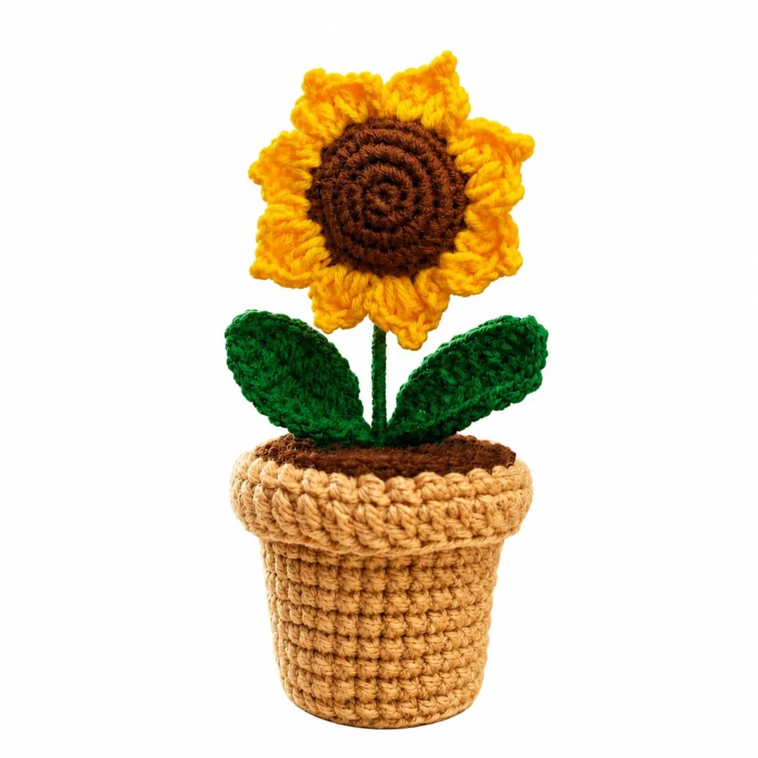 Handmade Crochet Sunflower with Pot (6 Inch) | Knitted Artificial Flower for Car Dashboard, Office Desk & Home Decor | Decorative Gift Plant for Birthday, Anniversary & Gifting image 4