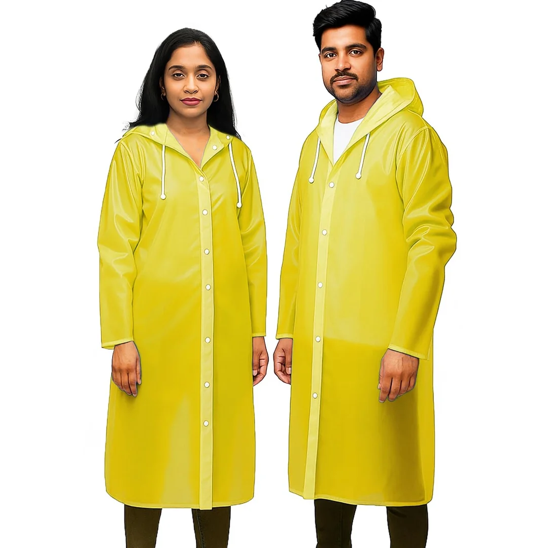 EVA Waterproof Unisex Purple Raincoat with Hood Full Sleeves Universal Size Rain Wear Poncho for Men Women Boys Girls Camping Hiking Travelling Outdoor Use yellow Free Size image 1
