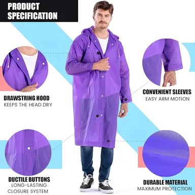 EVA Waterproof Unisex Purple Raincoat with Hood Full Sleeves Universal Size Rain Wear Poncho for Men Women Boys Girls Camping Hiking Travelling Outdoor Use Purple Free Size thumbnail 2