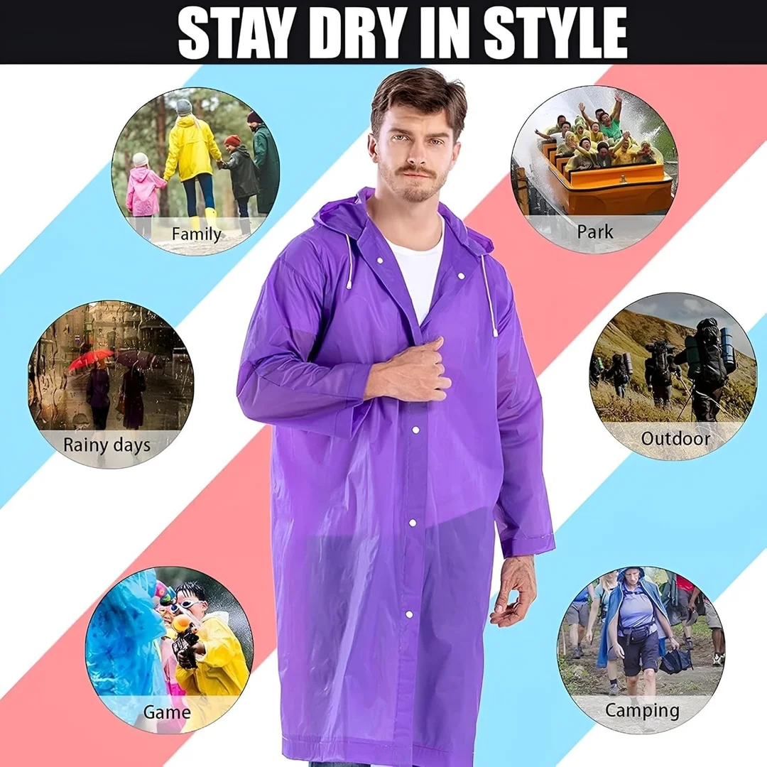 EVA Waterproof Unisex Purple Raincoat with Hood Full Sleeves Universal Size Rain Wear Poncho for Men Women Boys Girls Camping Hiking Travelling Outdoor Use Purple Free Size image 5