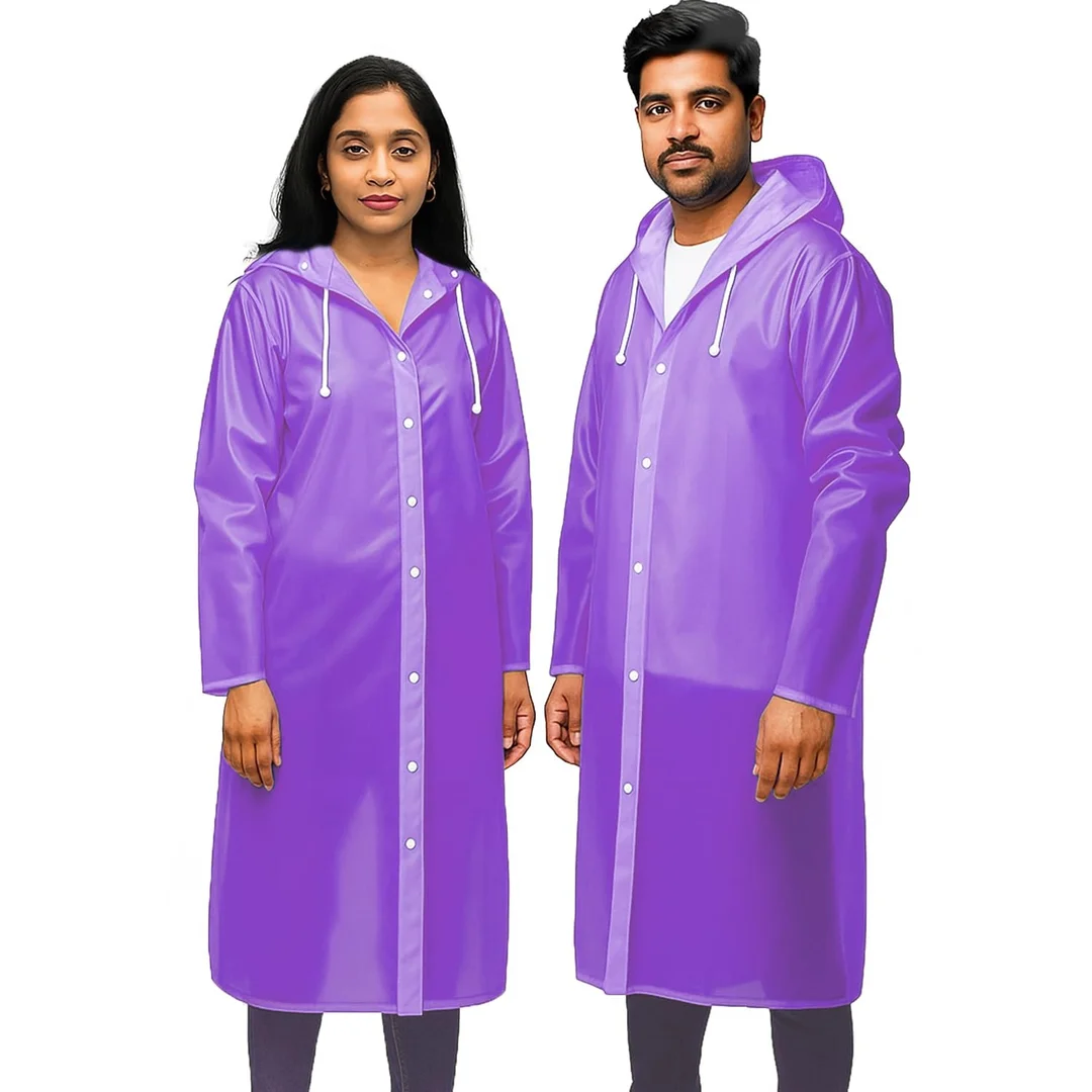 EVA Waterproof Unisex Purple Raincoat with Hood Full Sleeves Universal Size Rain Wear Poncho for Men Women Boys Girls Camping Hiking Travelling Outdoor Use Purple Free Size image 1