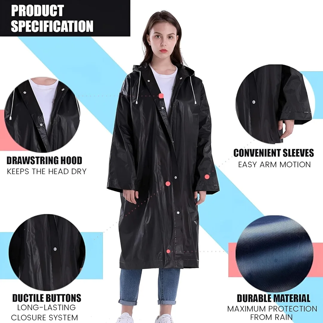 EVA Waterproof Unisex Purple Raincoat with Hood Full Sleeves Universal Size Rain Wear Poncho for Men Women Boys Girls Camping Hiking Travelling Outdoor Use Black Free Size image 3