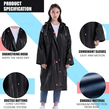 EVA Waterproof Unisex Purple Raincoat with Hood Full Sleeves Universal Size Rain Wear Poncho for Men Women Boys Girls Camping Hiking Travelling Outdoor Use Black Free Size thumbnail 2