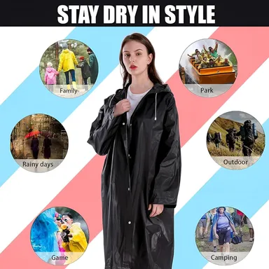 EVA Waterproof Unisex Purple Raincoat with Hood Full Sleeves Universal Size Rain Wear Poncho for Men Women Boys Girls Camping Hiking Travelling Outdoor Use Black Free Size thumbnail 4