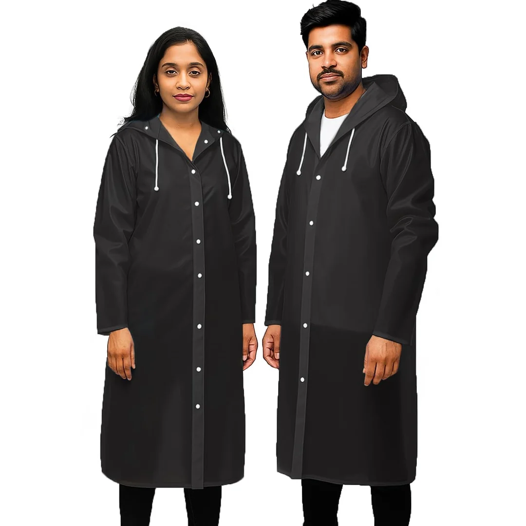 EVA Waterproof Unisex Purple Raincoat with Hood Full Sleeves Universal Size Rain Wear Poncho for Men Women Boys Girls Camping Hiking Travelling Outdoor Use Black Free Size image 1