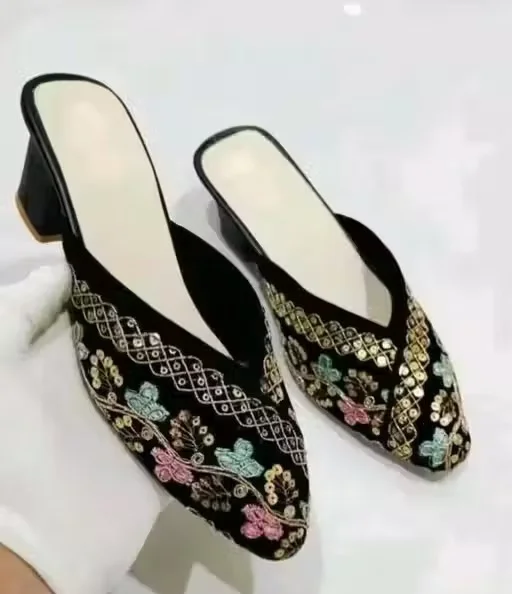 Modern Stylish Ethnic Heel Jutti for Women & Girls with Cushioned Sole, Traditional Punjabi Mojari Footwear, Designer Party Wear Slip-On Flats for Wedding, Festive & Casual Use Black 4 image 1