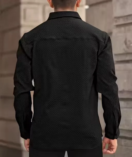 Men’s Knitted Fabric Structured Regular Fit Full Sleeves Shirt for Men & Boys – Textured Casual Formal Wear Collared Button Down Winter Office Party Premium Stylish Stretch Shirt Black S image 2